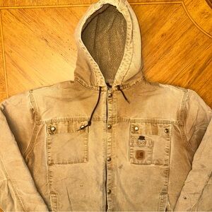 Carhartt Hooded Jacket Mens XL J284 BRN Brown Duck Canvas Sherpa Lined FLAW READ